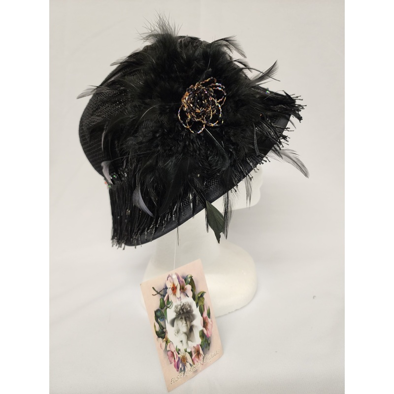 Black Soft Cloche Hat  w/Black Victorian Feather