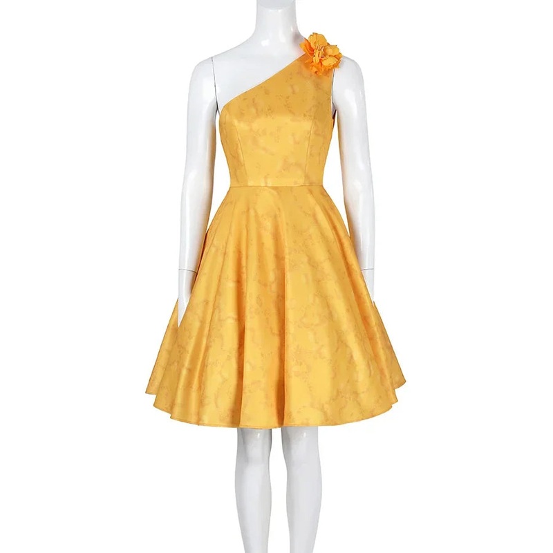 Judy Cosplay Costume Summer Orange-Yellow Floral One-Shoulder Dress N09585 XXS